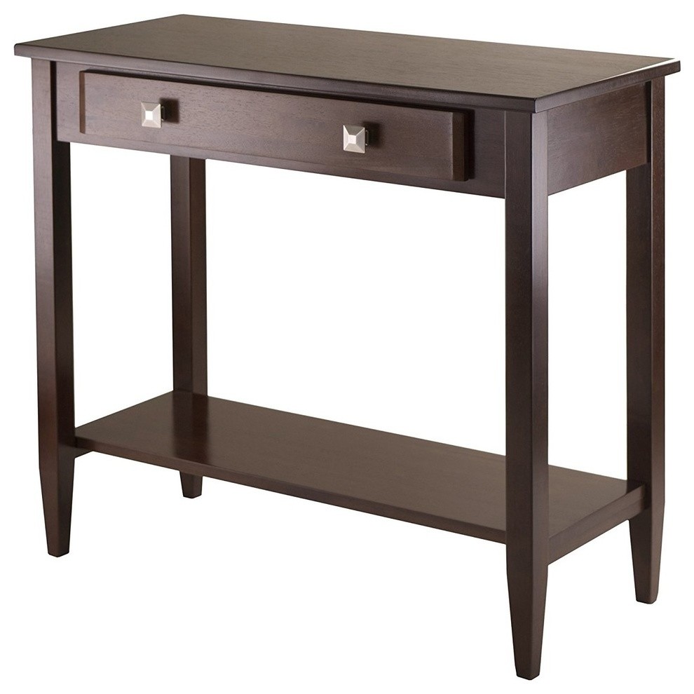 Contemporary Console Table, Solid Wood With Tapered Leg, Open Shelf and