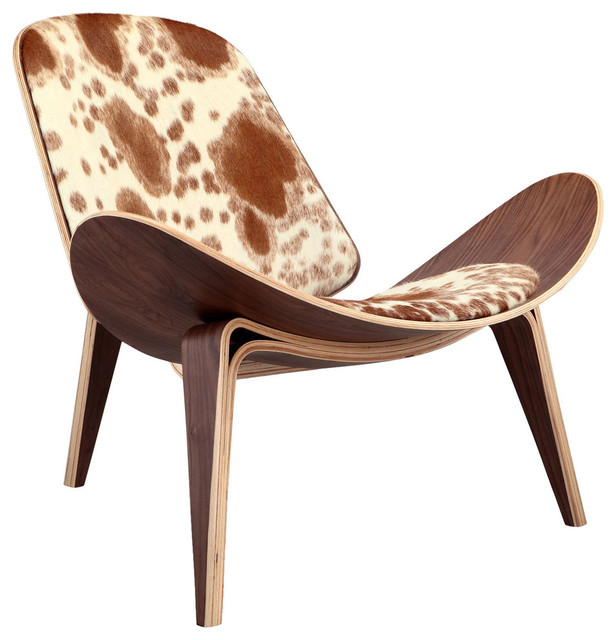 Tripod Plywood Lounge Chair, Genuine Cowhide With Walnut Base