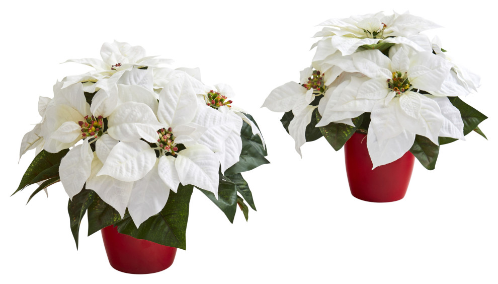 12" Poinsettia Artificial Plant, Red Planter, Set of 2 Modern