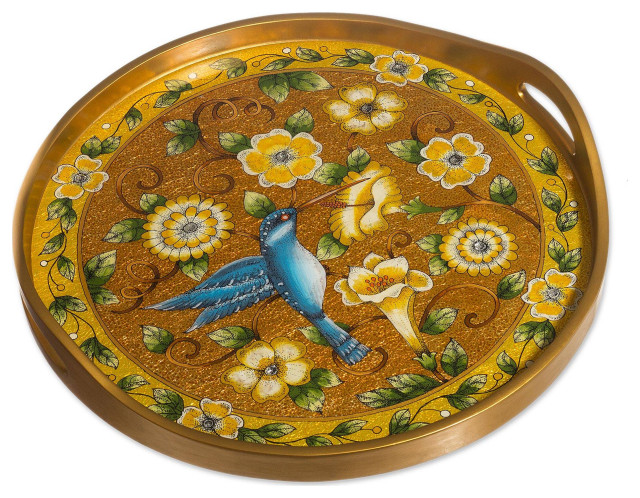 Novica Handmade Highland Hummingbird In Gold Reverse-Painted Glass Tray