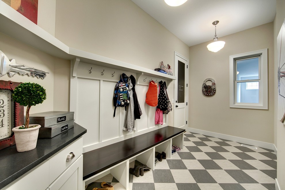 Design ideas for a large transitional mudroom in Minneapolis with beige walls, linoleum floors, a single front door and a white front door.