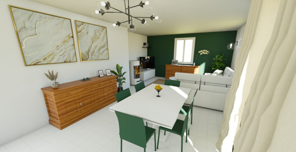 Immagine di un grande soggiorno chic aperto con pareti verdi, stufa a legna e pavimento bianco