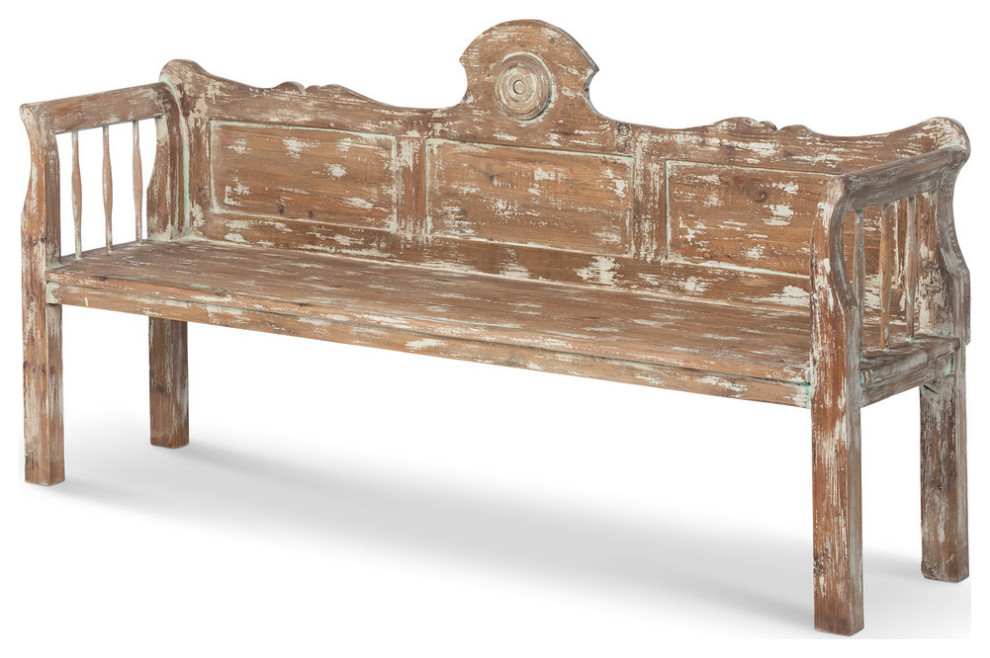 French Country Vintage Entryway Bench With Distressed Paint Finish