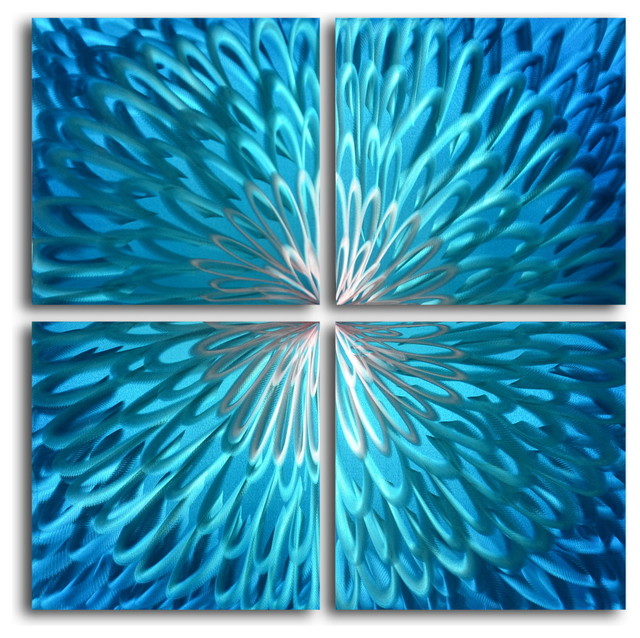 "Shimmering blue dahlia desire" 4-Piece Contemporary Handmade Metal Wall Art Set