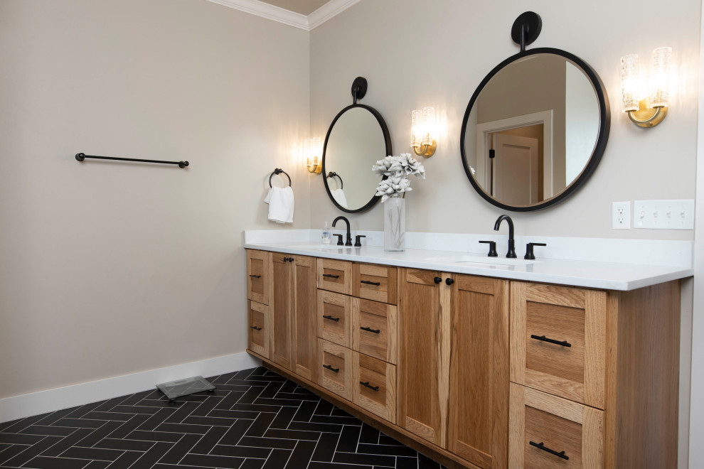 This is an example of a large country bathroom in Other with shaker cabinets, light wood cabinets, a freestanding tub, an open shower, a two-piece toilet, an undermount sink, quartzite benchtops, white benchtops, a double vanity and a freestanding vanity.