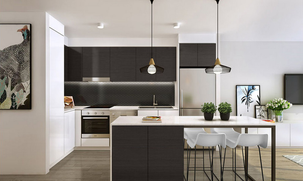 Design ideas for a small l-shaped eat-in kitchen in Brisbane with an undermount sink, solid surface benchtops, black splashback, ceramic splashback, medium hardwood floors, with island, flat-panel cabinets, dark wood cabinets and stainless steel appliances.