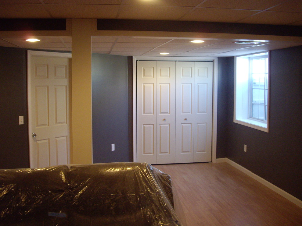 Transitional underground basement photo with gray walls
