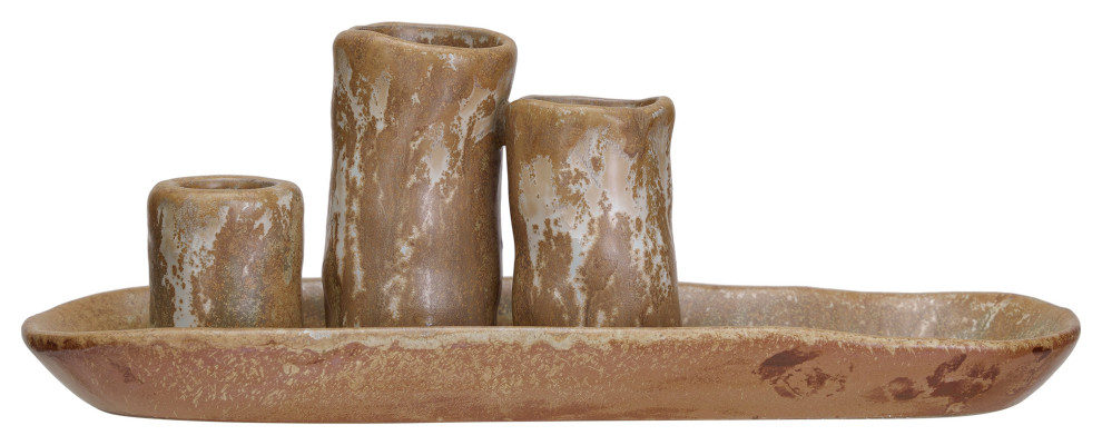 Stoneware Vases and Candle Holder on Tray, Brown