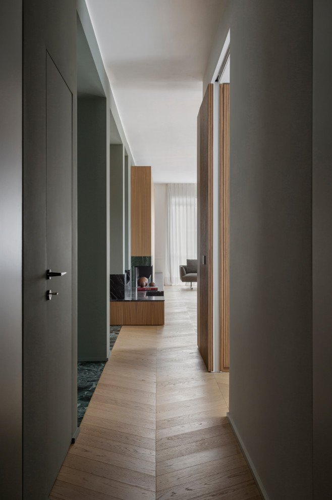 Design ideas for a large contemporary hallway in Milan with green walls, medium hardwood floors and decorative wall panelling.
