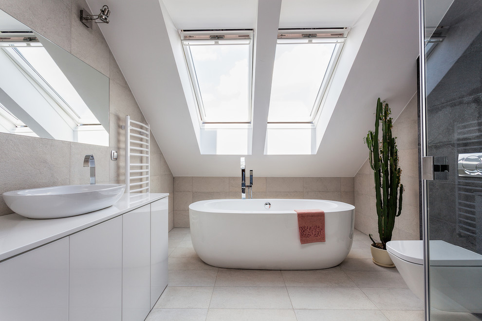 This is an example of a large contemporary bathroom in London with a corner shower, a wall-mount toilet, beige walls and ceramic tile.
