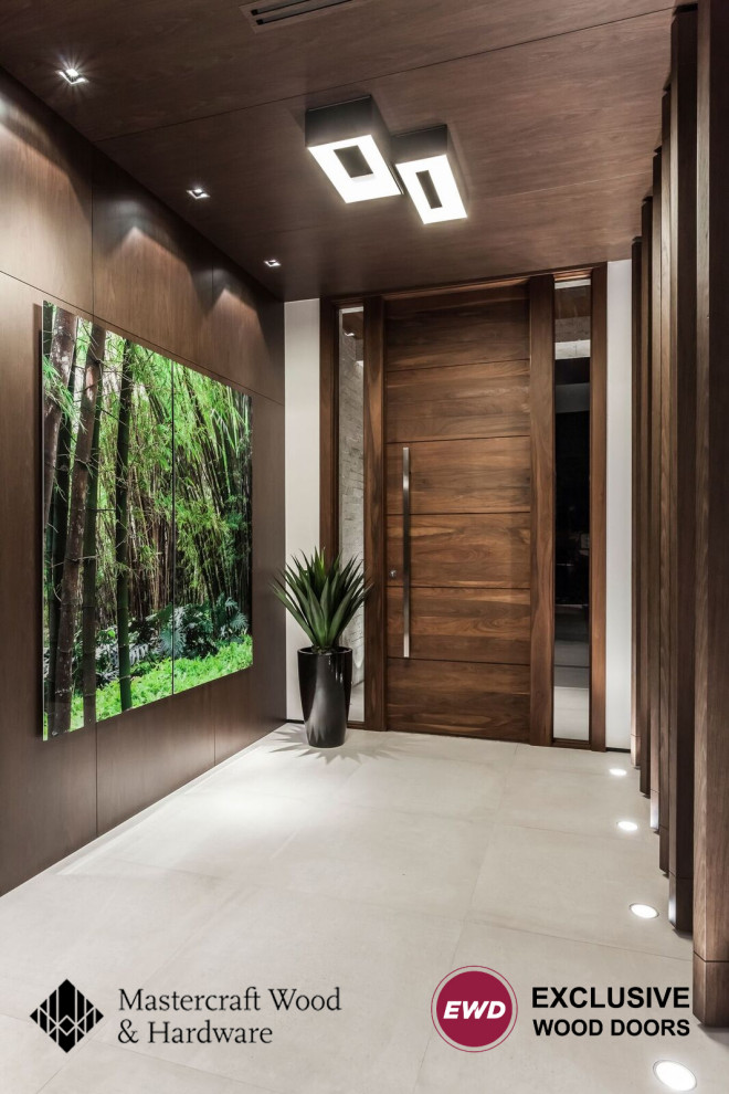 Front door - large modern porcelain tile, white floor, wood ceiling and wall paneling front door idea in Miami with brown walls and a medium wood front door