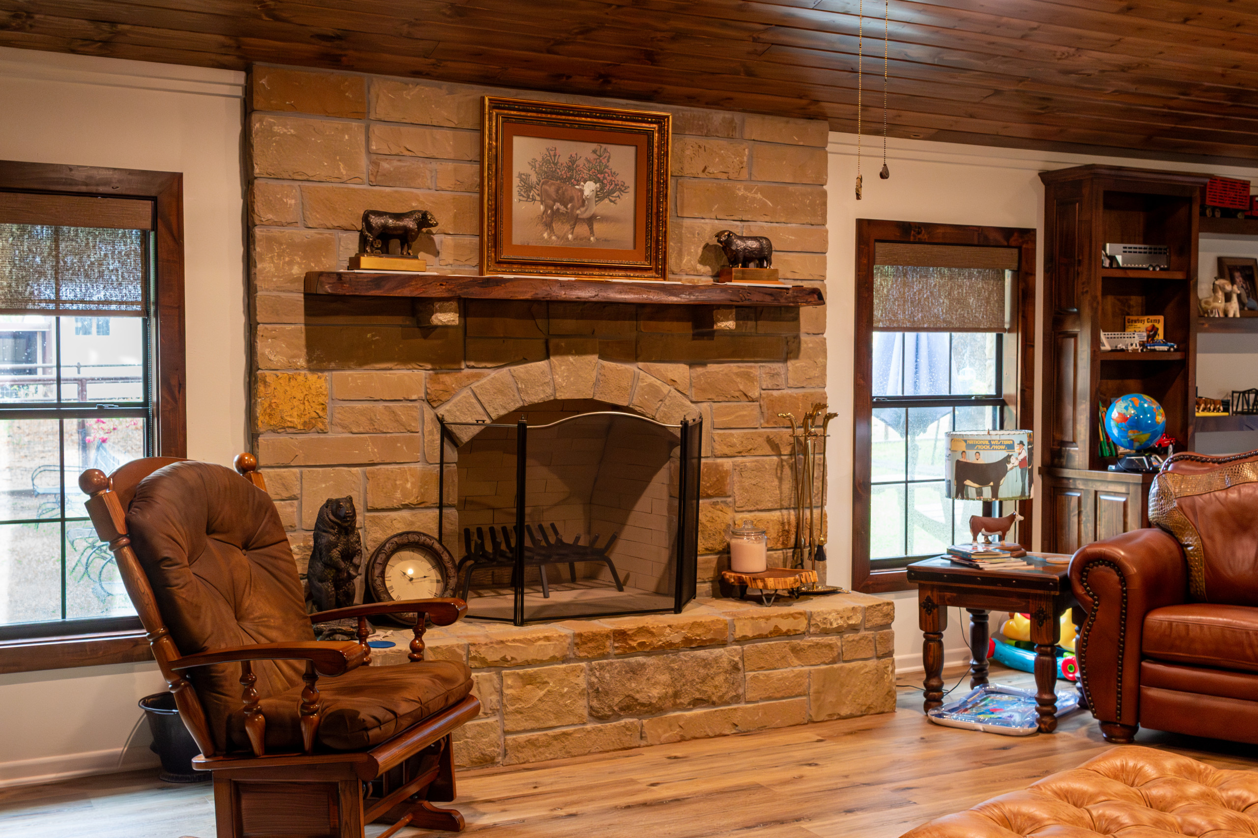 Wood Burning Fireplace with Stone Surround
