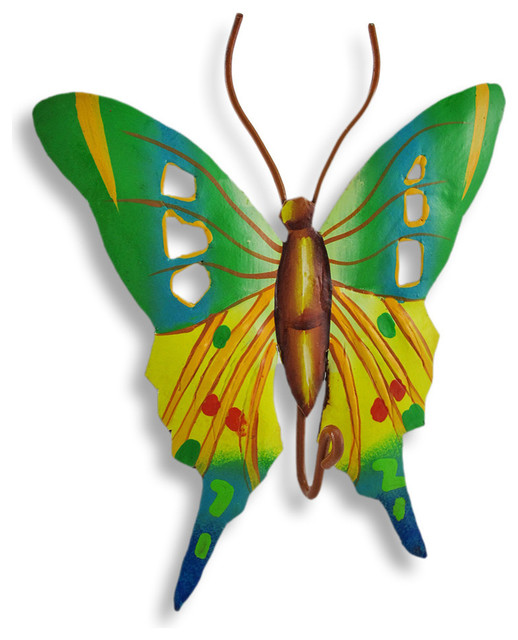 Brightly Painted Green Yellow Metal Butterfly Wall Hook