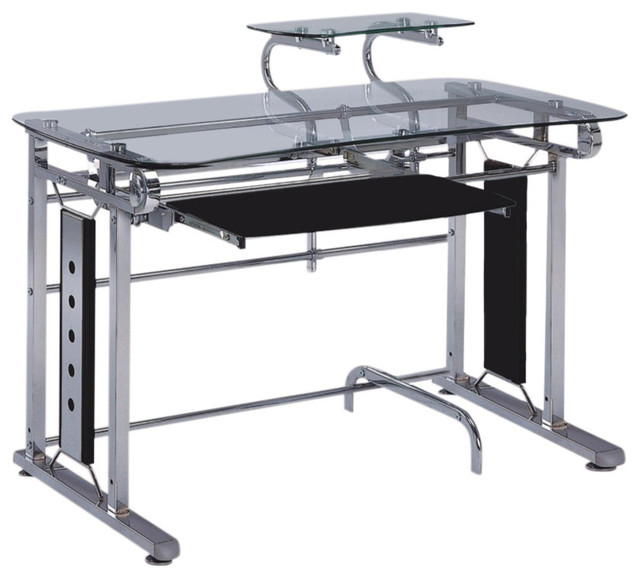 Computer Desk In Contemporary Style, Silver Chrome & Clear Glass