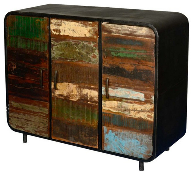 Retro Reclaimed Wood & Iron 3 Door Industrial Sideboard Buffet