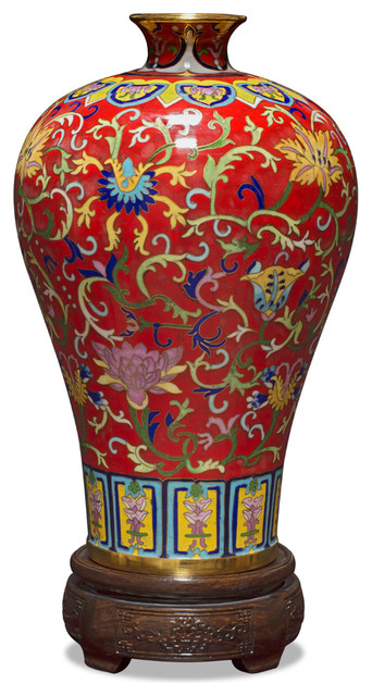 Vine Cloisonne Vase With Rosewood Stand Imperial Red Asian