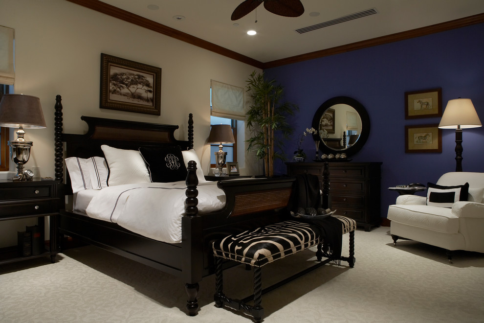 Inspiration for a large transitional master bedroom in Ottawa with blue walls, carpet and no fireplace.