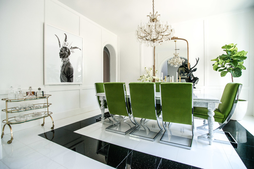 Inspiration for a large contemporary separate dining room in Miami with white walls, marble floors and white floor.