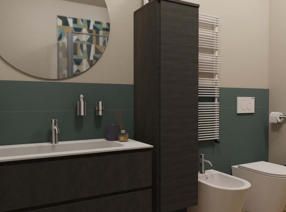 Bathroom - small modern 3/4 blue tile and ceramic tile porcelain tile, brown floor and single-sink bathroom idea in Turin with flat-panel cabinets, brown cabinets, a two-piece toilet, beige walls, an integrated sink, solid surface countertops, white countertops and a floating vanity