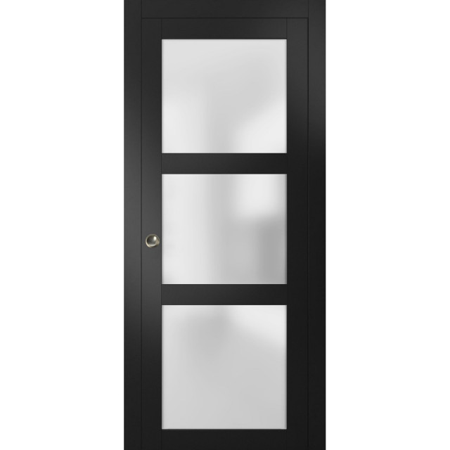 French Pocket Door Frosted Glass, Lucia 2552 Matte Black, 30" x 80