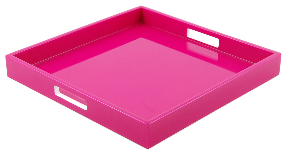 Lacquer Square Tray, Hot Pink Fabric Inlay Contemporary Serving