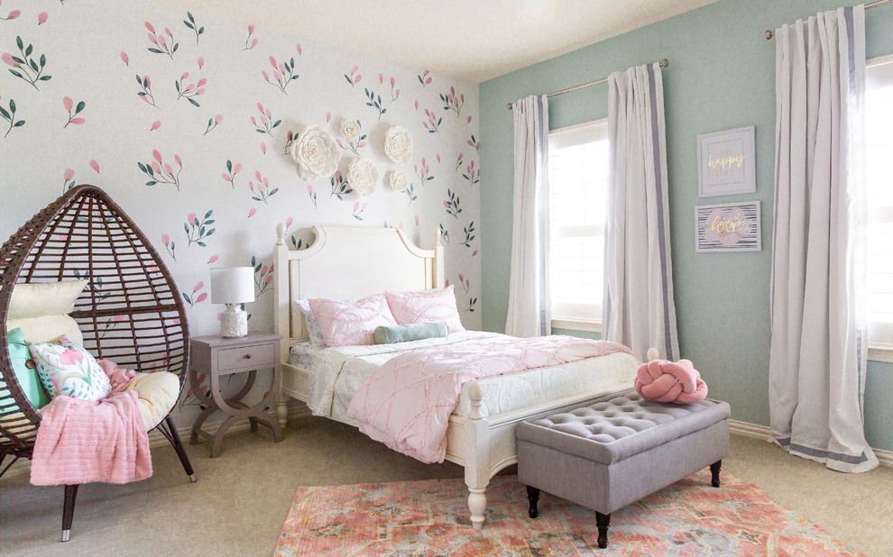 Transitional kids' room in Dallas with multi-coloured walls, carpet and beige floor.