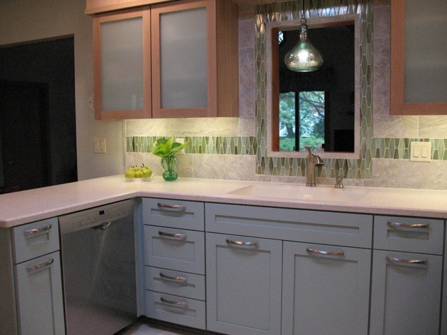 Kitchen - transitional kitchen idea with green backsplash and mosaic tile backsplash