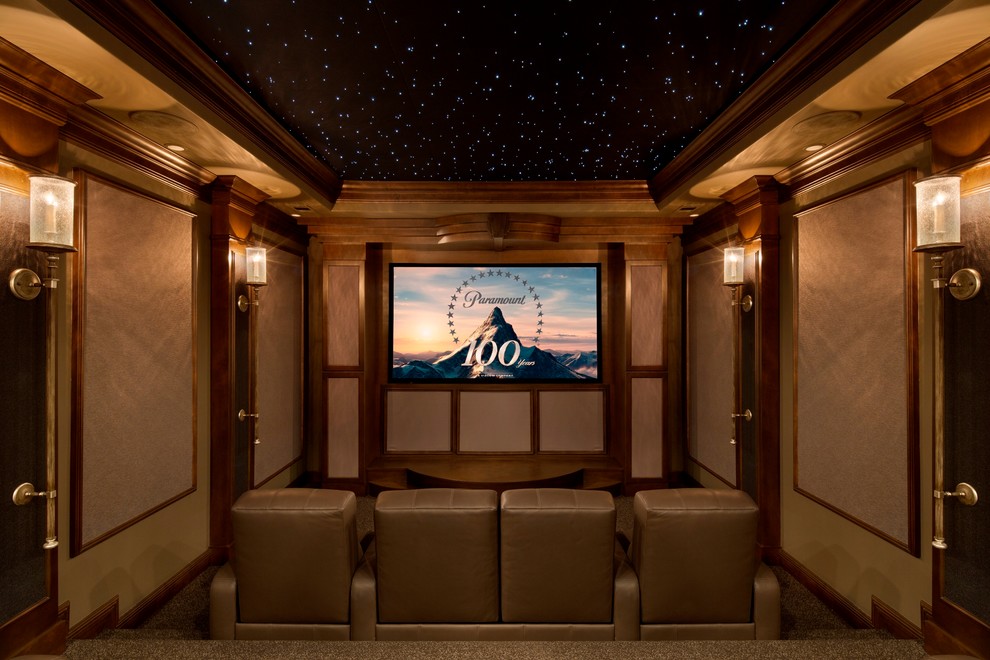 Inspiration for a mid-sized timeless enclosed carpeted home theater remodel in San Francisco with beige walls