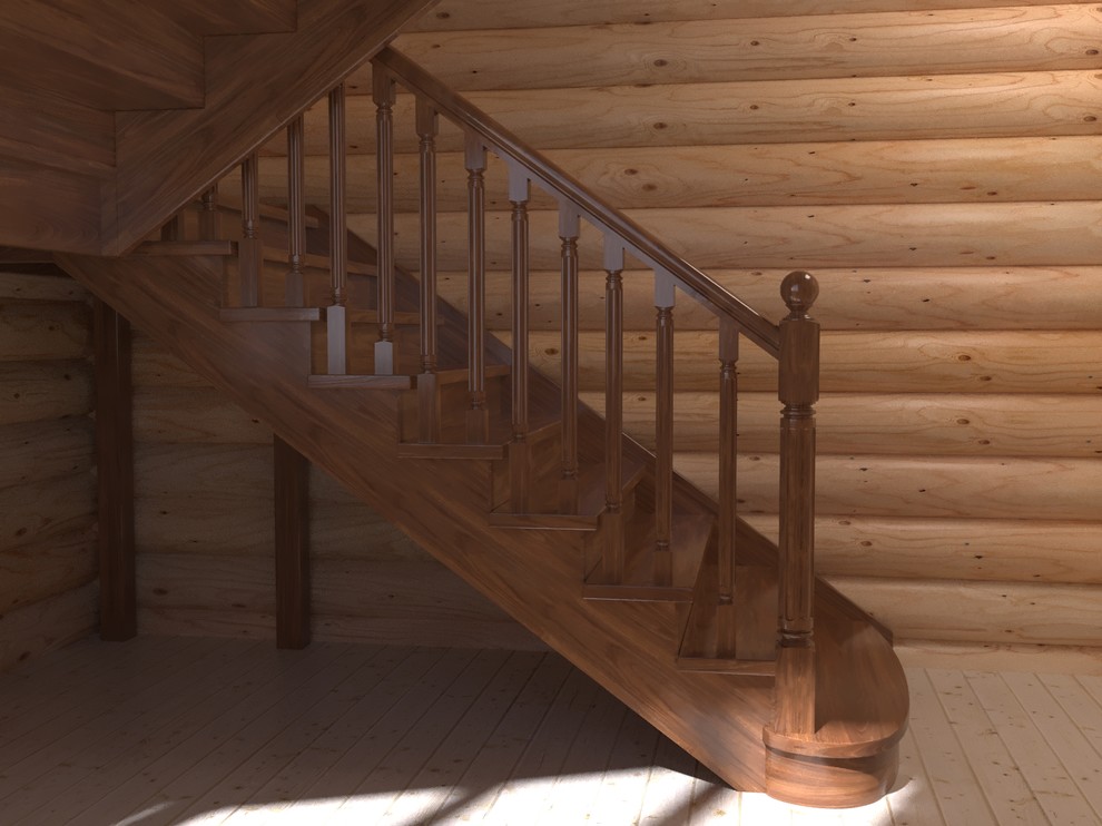 3D визуализация лестницы из дуба в бревенчатом дом