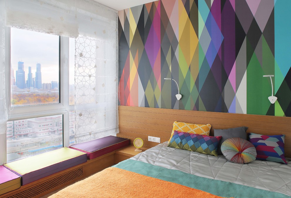 Inspiration for a contemporary master bedroom in Moscow with multi-coloured walls.