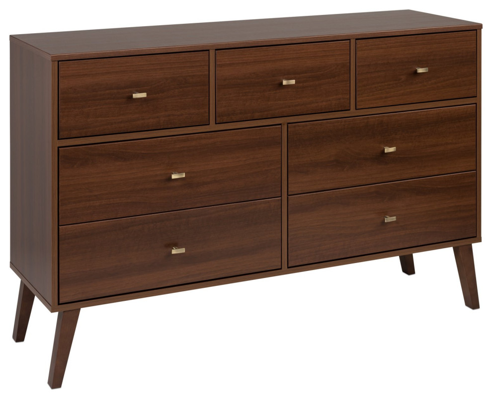 Mid Century Modern Double Dresser, Splayed Legs & Brushed Brass Knobs