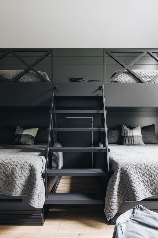 ASC Margaritaville - Kids' bedroom - bedroom and large transitional boy light wood floor, brown floor, exposed beam and wall paneling kids' bedroom idea in Chicago with gray walls