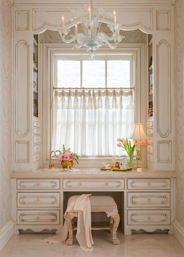 Photo of a traditional master bathroom in Dallas with beige cabinets, beige walls and beaded inset cabinets.