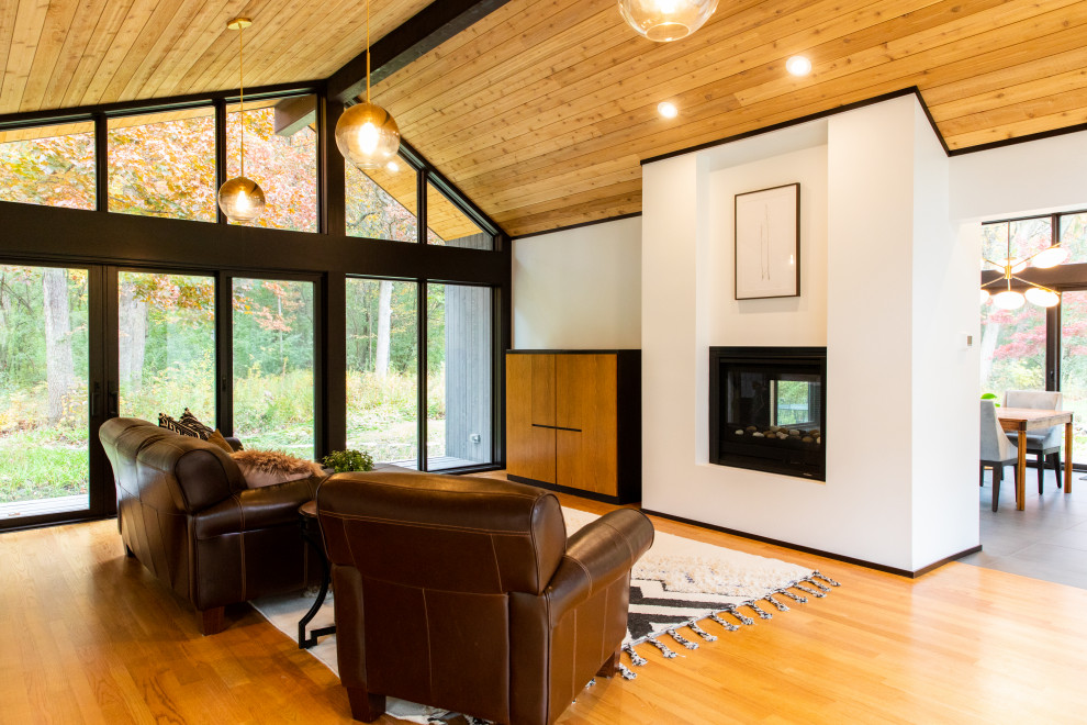 Large midcentury enclosed family room in Chicago with white walls, light hardwood floors, a two-sided fireplace, a plaster fireplace surround, a concealed tv, brown floor and vaulted.
