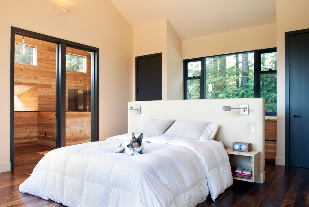 Mid-sized modern master bedroom in San Francisco with beige walls and dark hardwood floors.