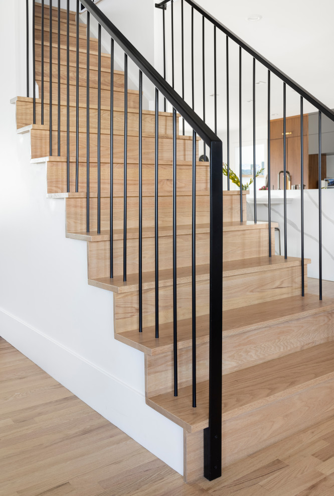 Staircase - mid-sized contemporary wooden straight metal railing staircase idea in Denver with wooden risers