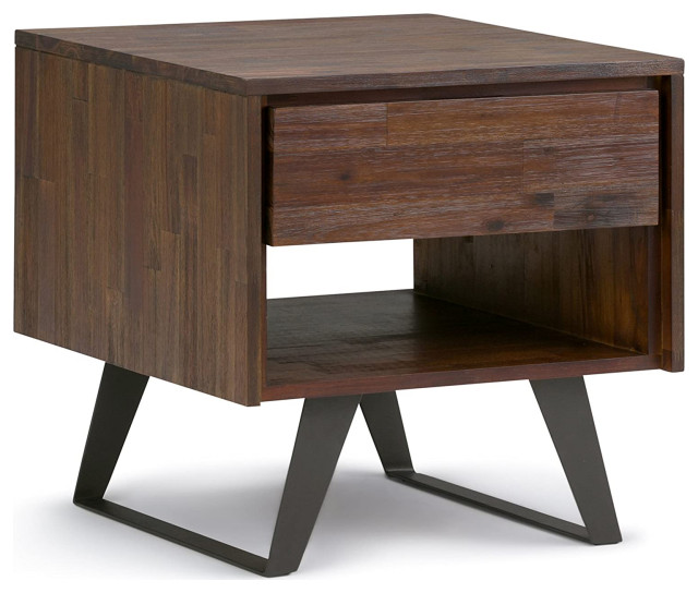 Modern Industrial End Table, Acacia Wood With Drawer, Distressed