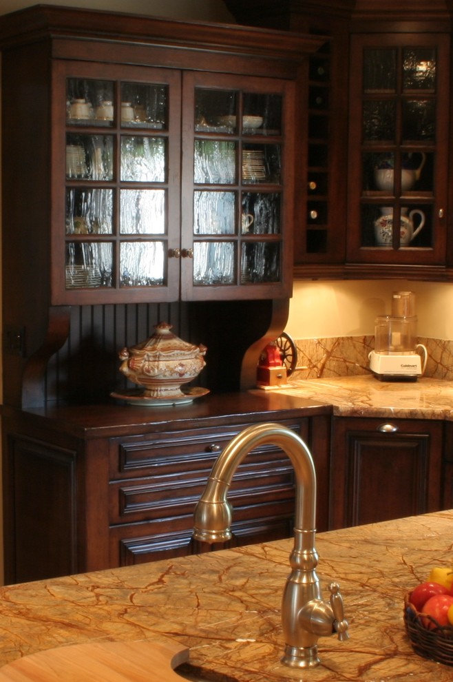 Inspiration for a large transitional u-shaped terra-cotta tile open concept kitchen remodel with a farmhouse sink, furniture-like cabinets, dark wood cabinets, granite countertops, stone slab backsplash, stainless steel appliances, white walls and an island