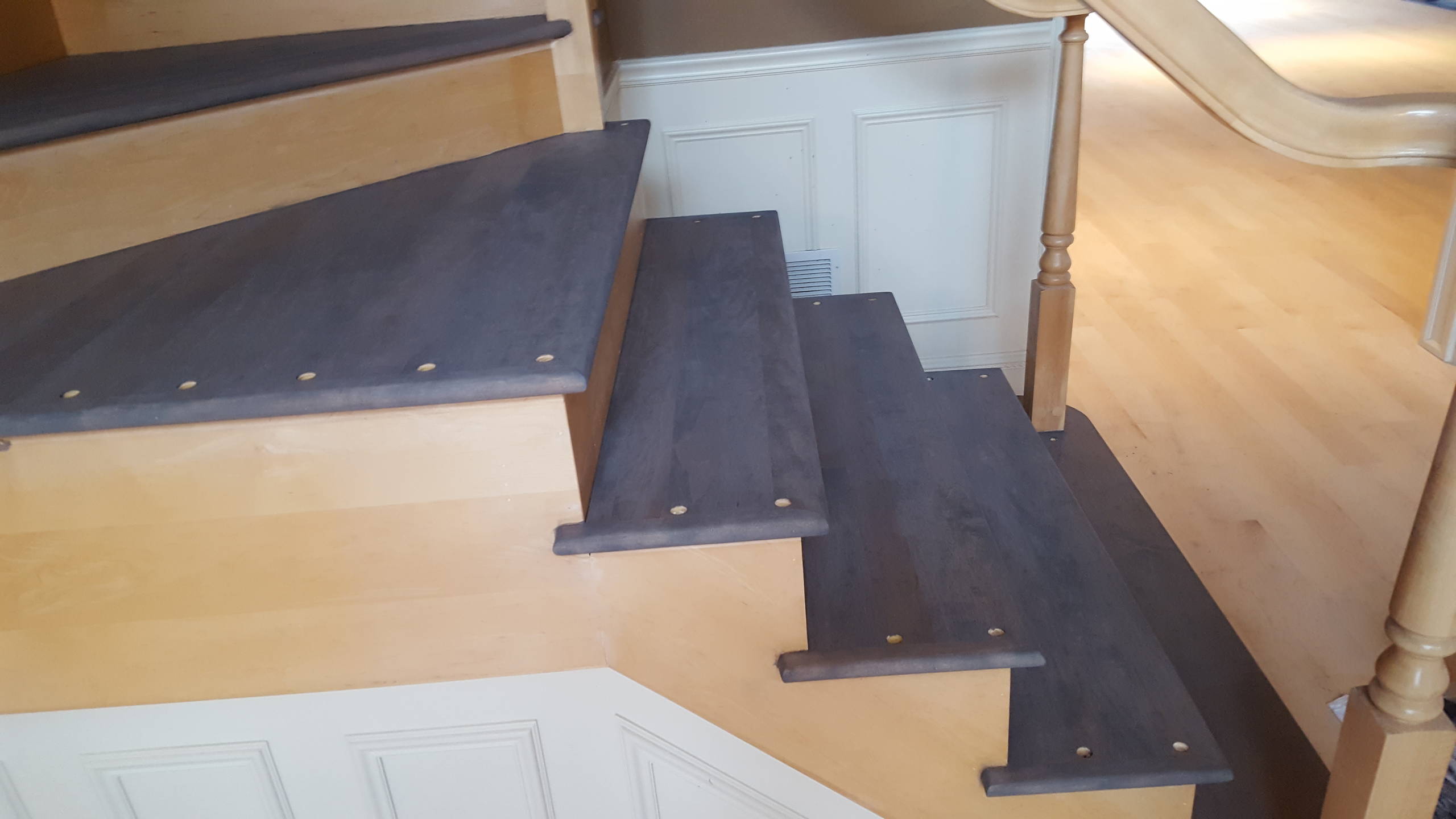 3 and 1/4 maple Classic Gray stain from Minwax , 4 coats satin water base finish