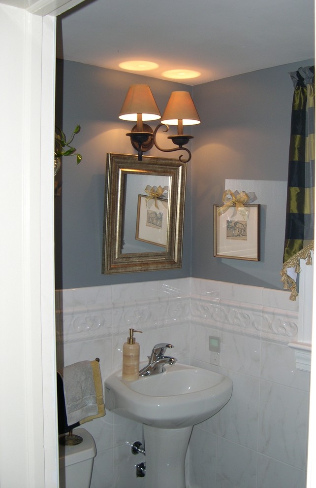 Drop-in bathtub - large transitional master drop-in bathtub idea in Baltimore with shaker cabinets, gray walls and a pedestal sink