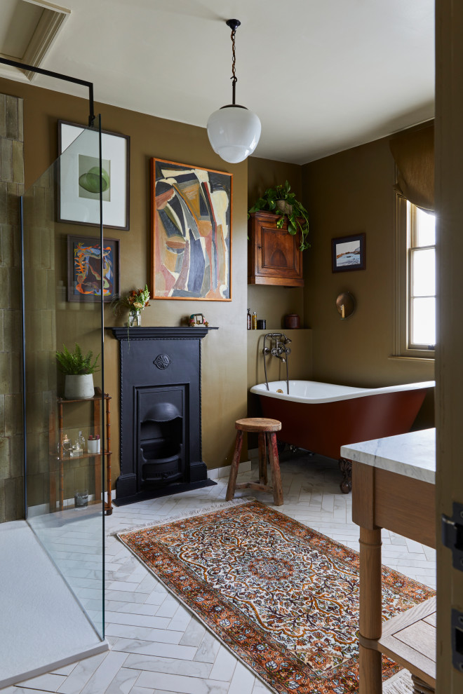 Large traditional family bathroom in London with open cabinets, brown cabinets, a claw-foot bath, green tiles, ceramic tiles, green walls, marble flooring, marble worktops, grey floors, an open shower, grey worktops, a freestanding vanity unit and a corner shower.