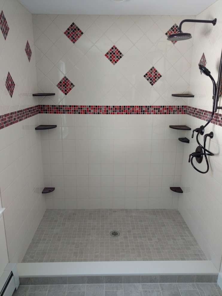 This is an example of a mid-sized transitional master bathroom in Boston with an alcove shower, black tile, gray tile, red tile, white tile, mosaic tile, white walls, ceramic floors, grey floor and an open shower.