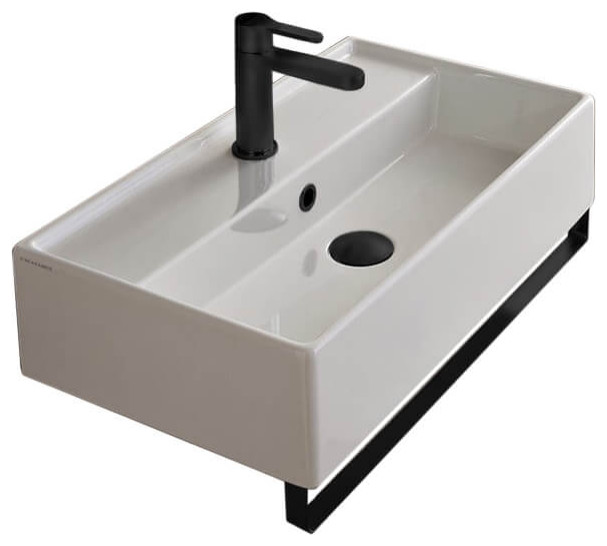 Rectangular Wall Mounted Ceramic Sink With Matte Black Towel Bar, One Hole