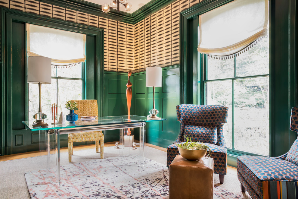 Mid-sized eclectic study room in Boston with green walls, medium hardwood floors and a freestanding desk.