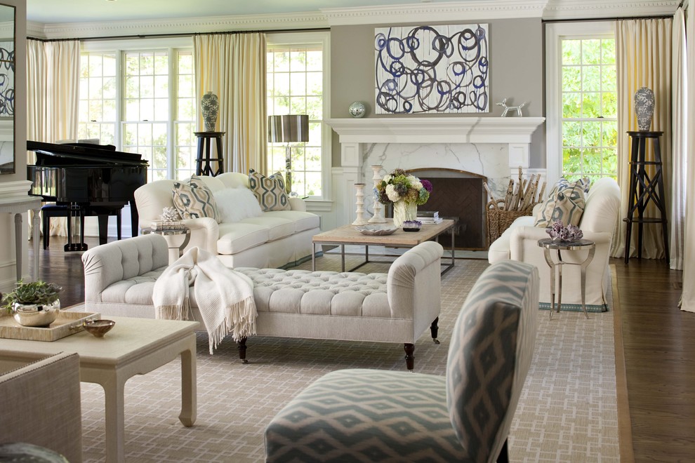Design ideas for a traditional living room in New York with a music area and grey walls.