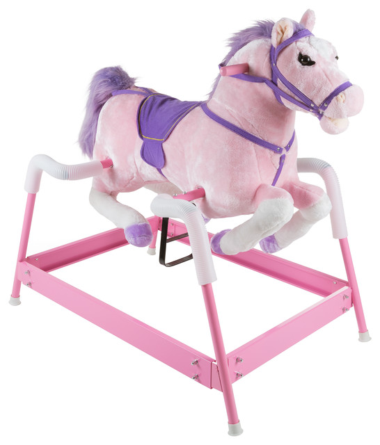Spring Rocking Horse Plush Ride on Toy with Stirrups and Sounds