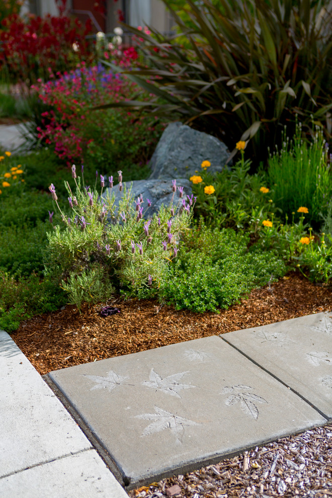 Mid-sized asian front yard full sun xeriscape in San Francisco with natural stone pavers for spring.