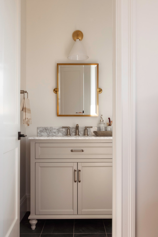 This is an example of a large transitional master bathroom in Other with grey cabinets, white walls, slate floors, an undermount sink, marble benchtops, white benchtops, a single vanity and a freestanding vanity.