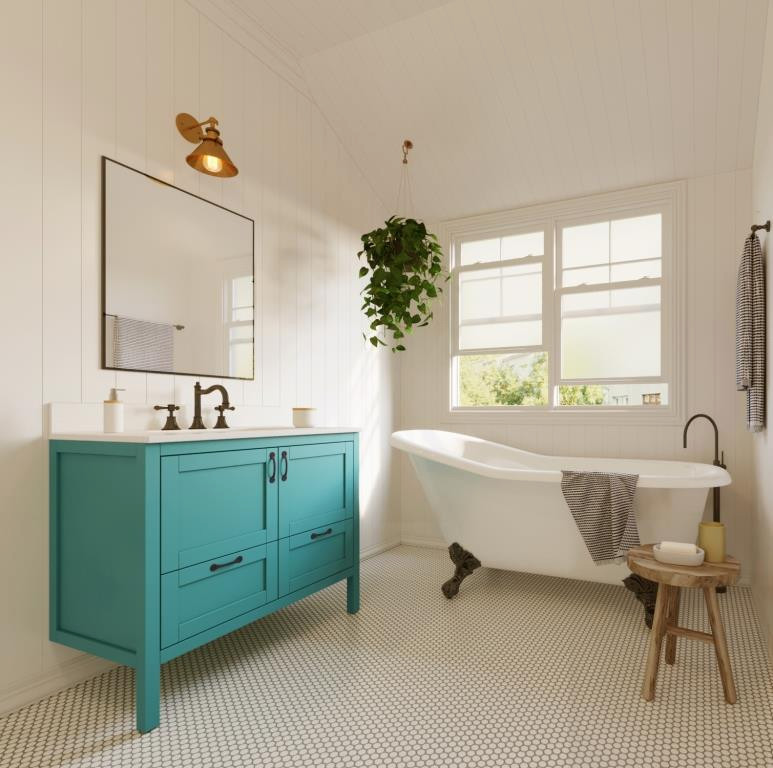 Design ideas for a mid-sized traditional bathroom in Brisbane with shaker cabinets, turquoise cabinets, a freestanding tub, white tile, grey walls, ceramic floors, an undermount sink, marble benchtops, white floor, white benchtops, a single vanity, a freestanding vanity and panelled walls.