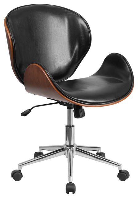 Flash Furniture Mid-Back Walnut Wood Swivel Conference Chair, Black Leather